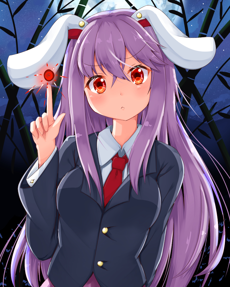 &gt;:( 1girl animal_ears bamboo bamboo_forest blazer blouse blush breasts buttons commentary commentary_request eyebrows_visible_through_hair forest full_moon jacket lavender_hair long_hair looking_at_viewer medium_breasts moon nature necktie night night_sky outdoors pink_skirt pleated_skirt purple_hair rabbit_ears red_eyes red_neckwear reisen_udongein_inaba rururiaru skirt sky solo touhou very_long_hair