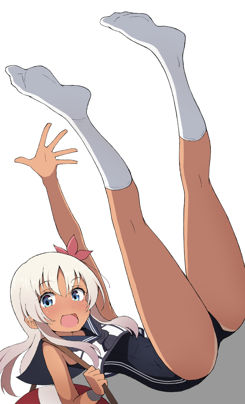 1girl ass bangs blush bracelet commentary_request crop_top eyebrows_visible_through_hair flower hair_flower hair_ornament highres jewelry kantai_collection legs_up lifebuoy long_hair looking_at_viewer lying nel-c no_shoes nontraditional_school_swimsuit one-piece_swimsuit one-piece_tan open_mouth ro-500_(kantai_collection) sailor_collar school_swimsuit school_uniform serafuku simple_background smile soles solo swimsuit swimsuit_under_clothes tan tanline white_background white_legwear