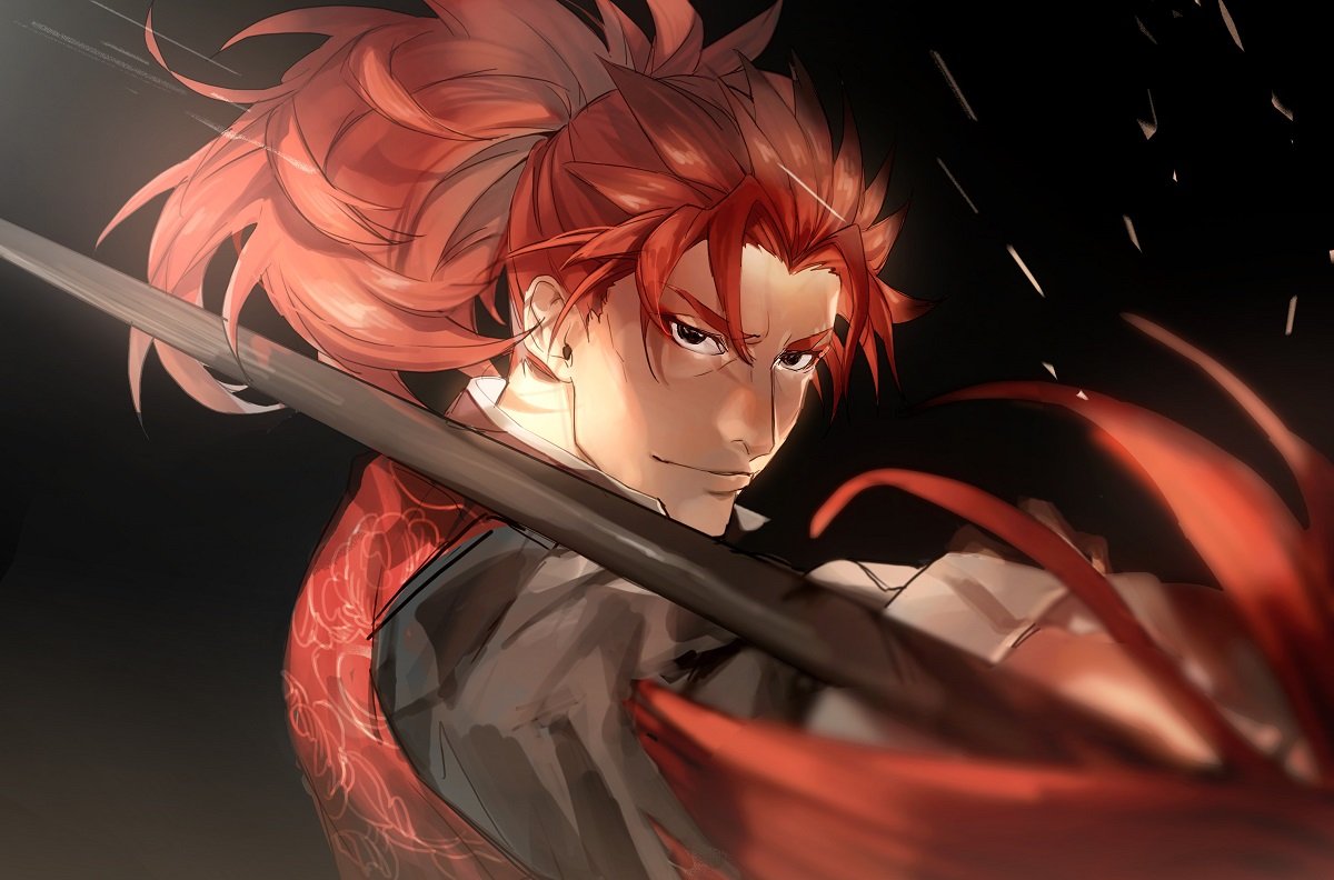 1boy black_eyes blurry chinese_clothes depth_of_field face fate/extra fate_(series) li_shuwen_(fate) long_hair male_focus no-kan polearm ponytail redhead solo upper_body weapon