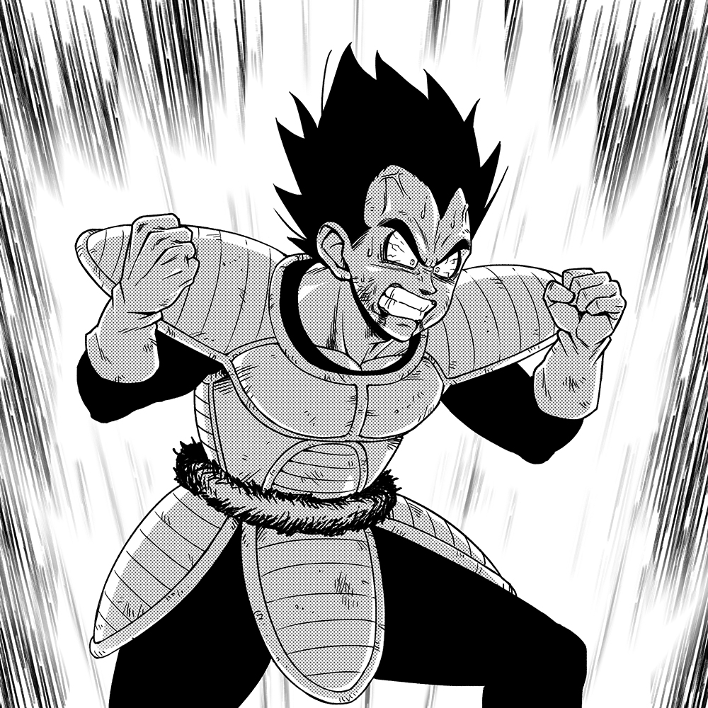 1boy anger_vein black_hair bloodshot_eyes clenched_hand clenched_teeth dragon_ball dragon_ball_(classic) gloves greyscale looking_at_viewer male_focus monochrome powering_up simple_background solo spiky_hair standing suzushiro_(suzushiro333) teeth vegeta white_gloves
