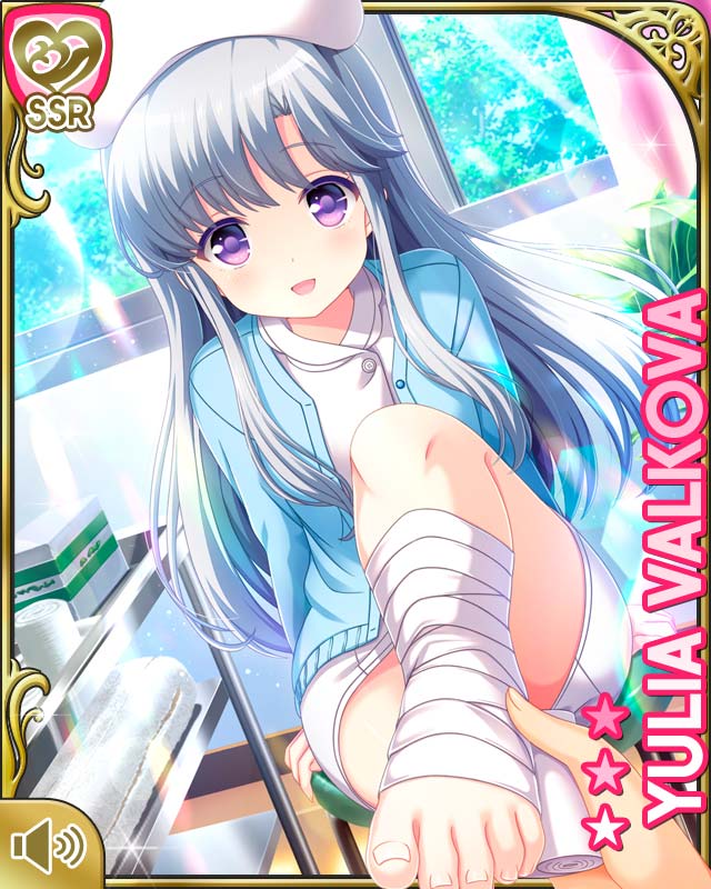 1girl 1other bandaged_leg bandages barefoot blue_cardigan cardigan character_name curtains dress feet foreshortening girlfriend_(kari) hands hat holding_another's_foot knee_up leg_lift legs long_hair looking_at_viewer nurse nurse_cap open_mouth pov qp:flapper short_dress silver_hair sitting smile sprain stool toes violet_eyes white_dress white_headwear window yulia_valkova