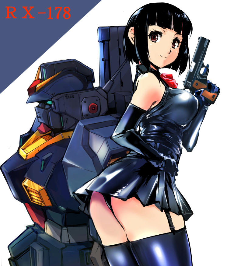 1girl ass bangs bare_shoulders black_dress black_gloves black_hair black_legwear bow breasts brown_eyes commentary_request dress elbow_gloves garter_straps gloves gun gundam gundam_mk_ii hand_up handgun holding holding_weapon looking_at_viewer mecha original pistol red_bow short_hair standing thighs two-tone_background weapon yuya zeta_gundam