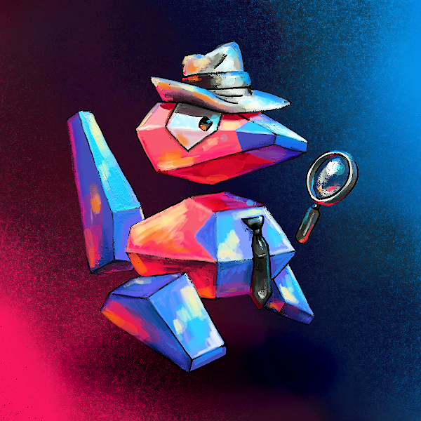 bird bird_focus black_neckwear brown_eyes commentary cortoony creature detective_pikachu english_commentary fedora full_body hat magnifying_glass necktie no_humans pokemon pokemon_(creature) porygon shadow solo walking