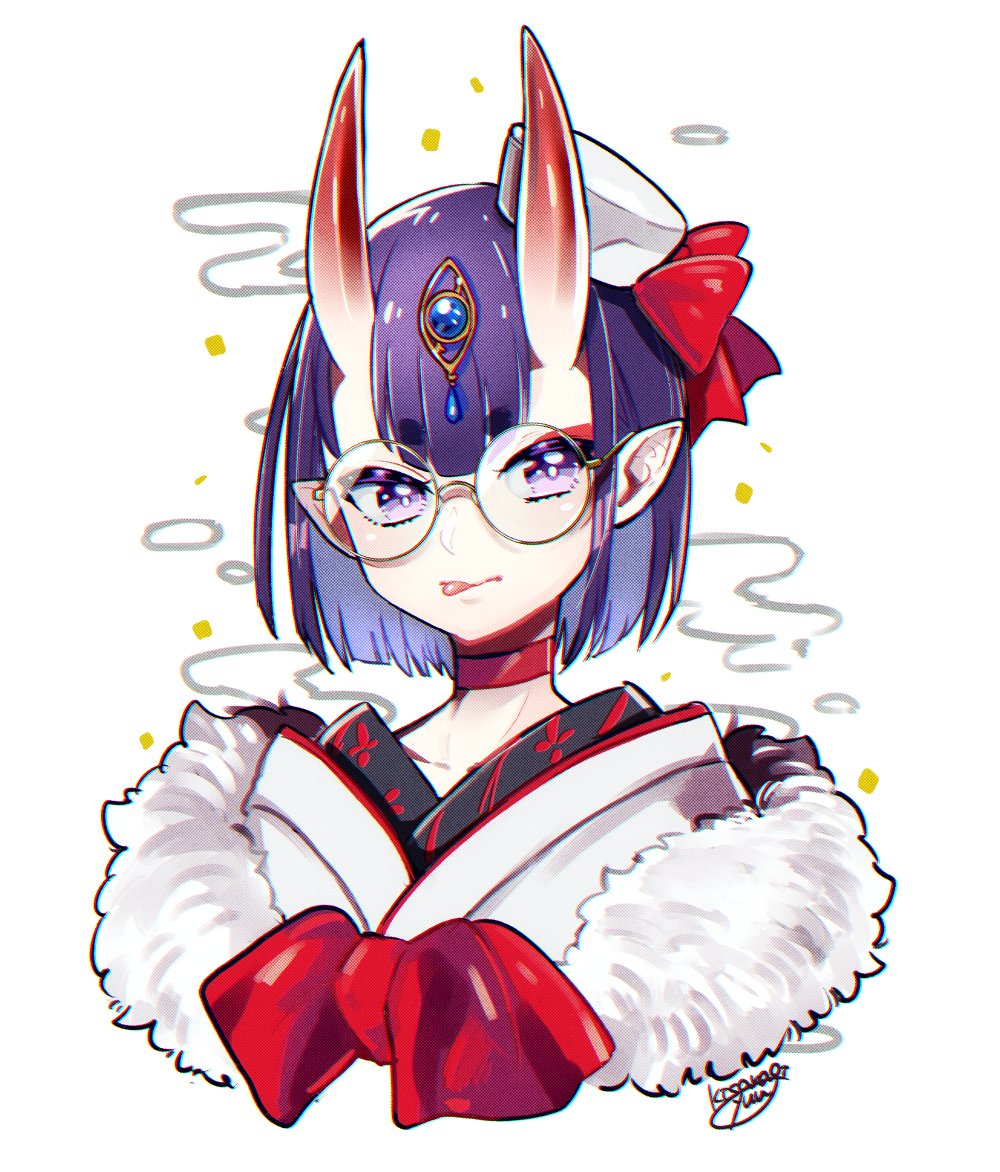 1girl alternate_costume artist_name bespectacled black-framed_eyewear collarbone eyebrows_visible_through_hair fate/grand_order fate_(series) glasses horns kisaragi_yuu_(fallen_sky) looking_at_viewer pointy_ears purple_hair round_eyewear short_hair shuten_douji_(fate/grand_order) signature solo thick_eyebrows tongue tongue_out upper_body violet_eyes