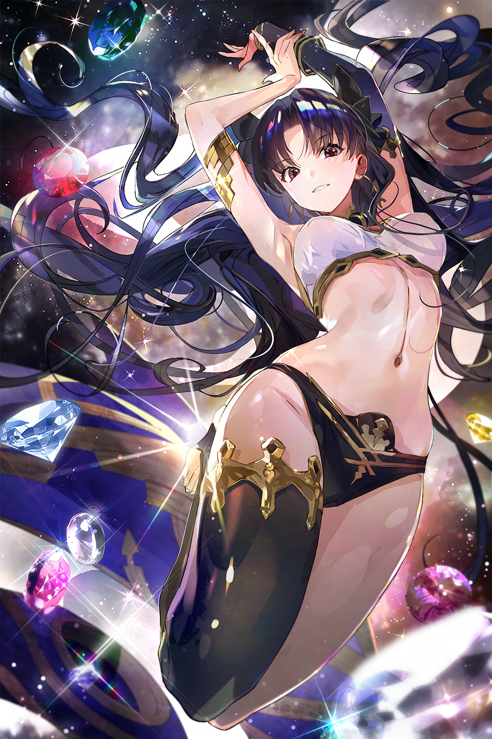 a2ki armlet arms_up asymmetrical_legwear black_hair black_ribbon breasts fate/grand_order fate_(series) gem hair_ribbon highres ishtar_(fate)_(all) ishtar_(fate/grand_order) jewelry long_hair looking_at_viewer medium_breasts midriff navel parted_lips red_eyes ribbon shiny shiny_clothes single_thighhigh smile solo space teeth thigh-highs toned twintails