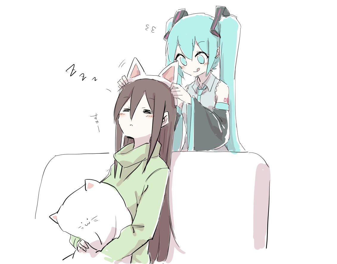 2girls :3 animal_ears aqua_eyes aqua_hair aqua_neckwear bare_shoulders black_sleeves cat cat_ears closed_eyes couch detached_sleeves grey_shirt hair_ornament hatsune_miku long_hair looking_at_another master_(vocaloid) multiple_girls necktie nejikyuu putting_on_headwear shirt shoulder_tattoo sitting sleeping sleeveless sleeveless_shirt tattoo tongue tongue_out translated twintails very_long_hair vocaloid zzz