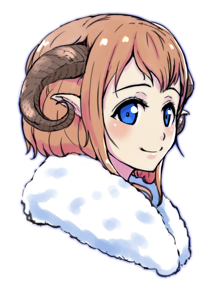 1girl bangs blue_eyes blush brown_hair closed_eyes closed_mouth curled_horns from_side fur_trim hi_iro horns looking_at_viewer looking_to_the_side original outline pointy_ears portrait short_hair simple_background smile solo white_background