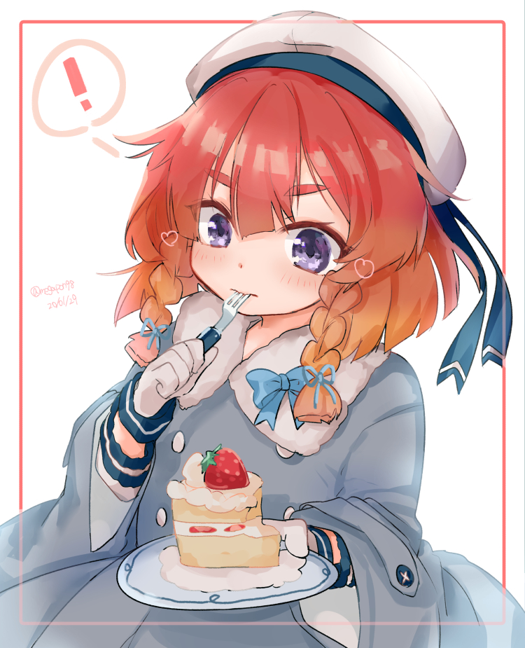 ! 1girl blonde_hair blue_sailor_collar blush bob_cut braid cake coat dessert eating etorofu_(kantai_collection) food fruit gloves gradient_hair hat kantai_collection long_hair long_sleeves looking_at_viewer glasses_poni multicolored_hair plate redhead sailor_collar sailor_hat side_braid solo strawberry thick_eyebrows twin_braids violet_eyes white_gloves winter_clothes winter_coat