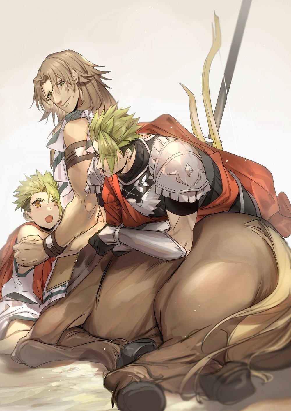 3boys achilles_(fate) anger_vein armor bow_(weapon) brown_hair centaur child chiron_(fate) commentary_request dual_persona eyes_visible_through_hair fate/apocrypha fate_(series) green_eyes green_hair highres long_hair multiple_boys no-kan older pauldrons polearm scarf spear toga vambraces weapon younger