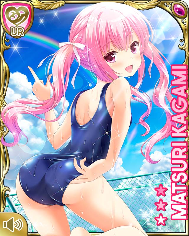 1girl adjusting_clothes adjusting_swimsuit arms_up ass blush character_name clouds from_behind girlfriend_(kari) index_finger_raised kagami_matsuri long_hair looking_back official_art one-piece_swimsuit open_mouth outdoors pink_eyes pink_hair qp:flapper rainbow ribbon school_swimsuit sky smile solo swimsuit twintails wet wet_clothes wet_swimsuit