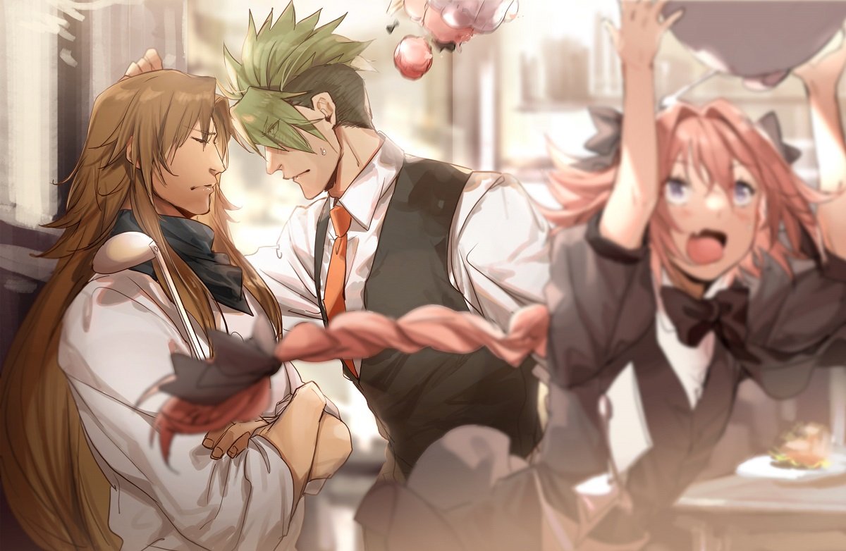 3boys achilles_(fate) astolfo_(fate) astolfo_(saber)_(fate) black_bow bow braid brown_hair chef chiron_(fate) crossed_arms fang fate/apocrypha fate/grand_order fate_(series) green_hair hair_grab hair_intakes kitchen ladle male_focus multiple_boys neckerchief necktie no-kan orange_neckwear pink_hair single_braid spill sweatdrop vest waistcoat waiter