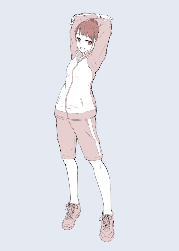 1girl :d bangs eyebrows_visible_through_hair full_body grey_background hair_bun hands_up hi_iro jacket limited_palette long_sleeves looking_at_viewer open_mouth original shoes short_hair shorts simple_background smile solo standing stretch track_jacket track_suit