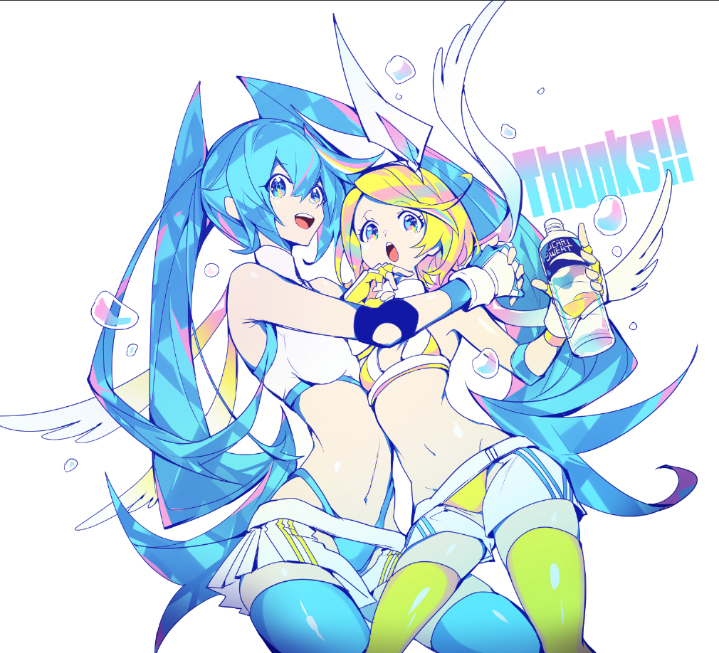 2girls blonde_hair blue_eyes blue_hair bottle bow commentary elbow_pads gloves hair_bow hands_up hatsune_miku holding holding_bottle hug kagamine_rin long_hair looking_at_viewer manbou_no_ane midriff miniskirt multiple_girls navel open_mouth partly_fingerless_gloves pocari_sweat product_placement ring_no_seraph_(vocaloid) short_hair skirt smile sports_bra stomach thank_you thigh-highs twintails very_long_hair vocaloid water_drop white_background white_bow white_gloves wings wrestling_outfit