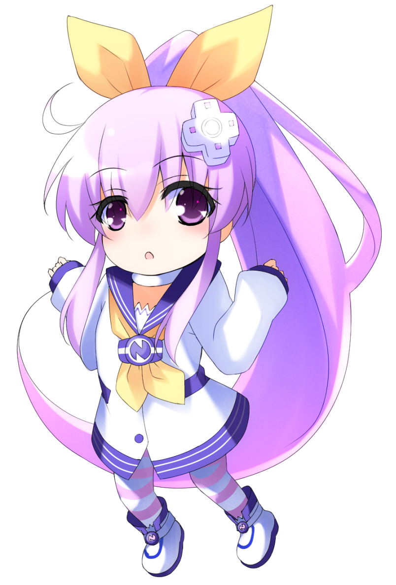 1girl :o bangs boots bow chibi collar commentary_request d-pad d-pad_hair_ornament doria_(5073726) dress eyebrows_visible_through_hair hair_between_eyes hair_bow hair_ornament long_hair long_sleeves looking_at_viewer neckerchief nepgear neptune_(series) open_mouth ponytail purple_hair sailor_collar sailor_dress sidelocks simple_background solo striped striped_legwear thigh-highs very_long_hair violet_eyes w_arms white_background white_dress yellow_bow yellow_neckwear