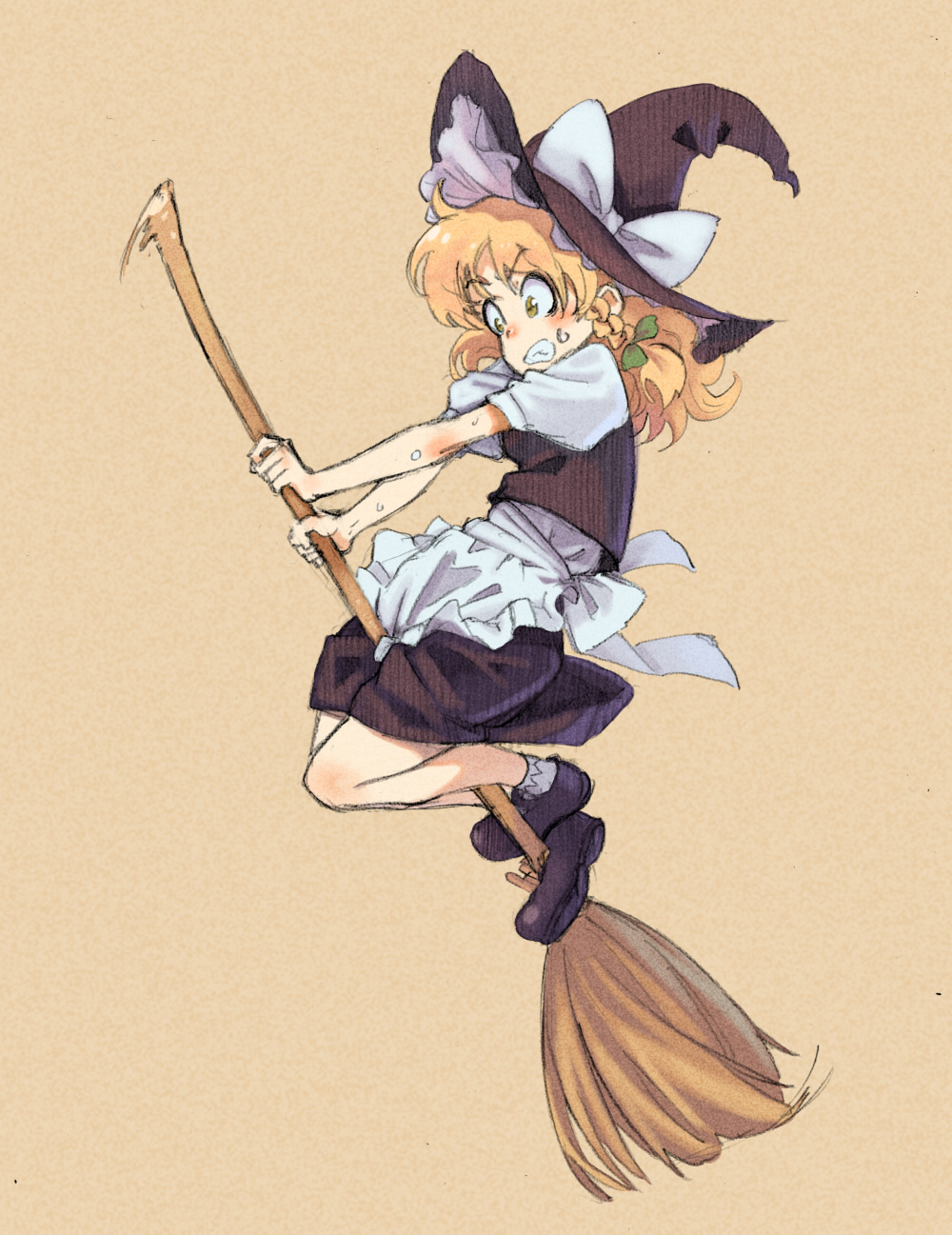 1girl apron back_bow black_footwear black_headwear black_skirt black_vest blonde_hair bow braid broom broom_riding clenched_teeth full_body green_bow hair_bow hat hat_bow highres kirisame_marisa long_hair shiratama_(hockey) shirt shoes short_sleeves single_braid skirt socks solo surprised teeth touhou vest waist_apron white_bow white_legwear white_shirt witch_hat yellow_eyes