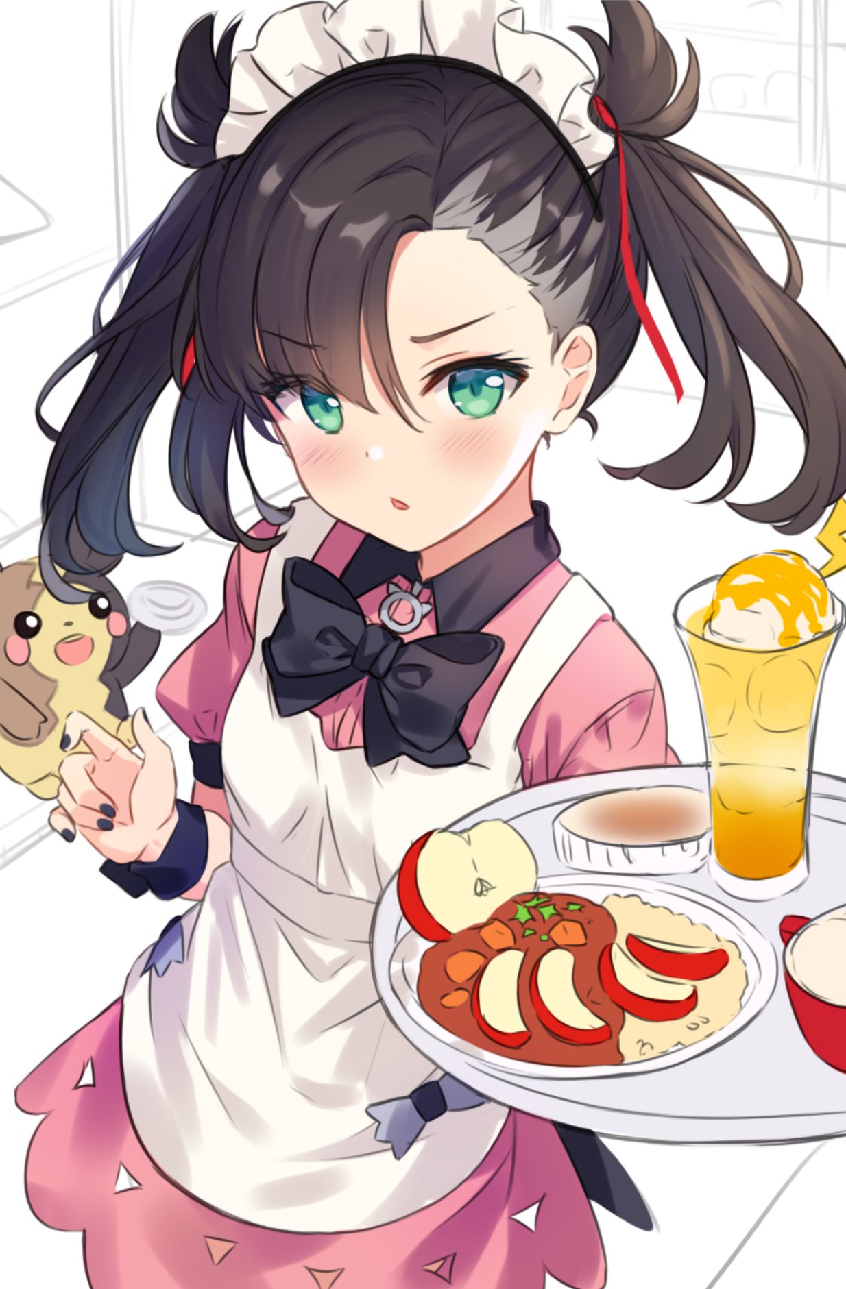1girl apple apron asymmetrical_bangs bangs black_bow black_hair black_nails blush bow collared_shirt commentary cup curry curry_rice dress drinking_glass english_commentary eyebrows_visible_through_hair food fruit gen_8_pokemon green_eyes hair_ribbon highres hitsukuya holding holding_tray ice_cream ice_cream_float looking_at_viewer maid_headdress mary_(pokemon) morpeko nail_polish parted_lips pink_dress plate pokemon pokemon_(creature) pokemon_(game) pokemon_swsh puffy_short_sleeves puffy_sleeves red_apple red_ribbon ribbon rice shirt short_sleeves tray twintails white_apron work_in_progress wrist_cuffs