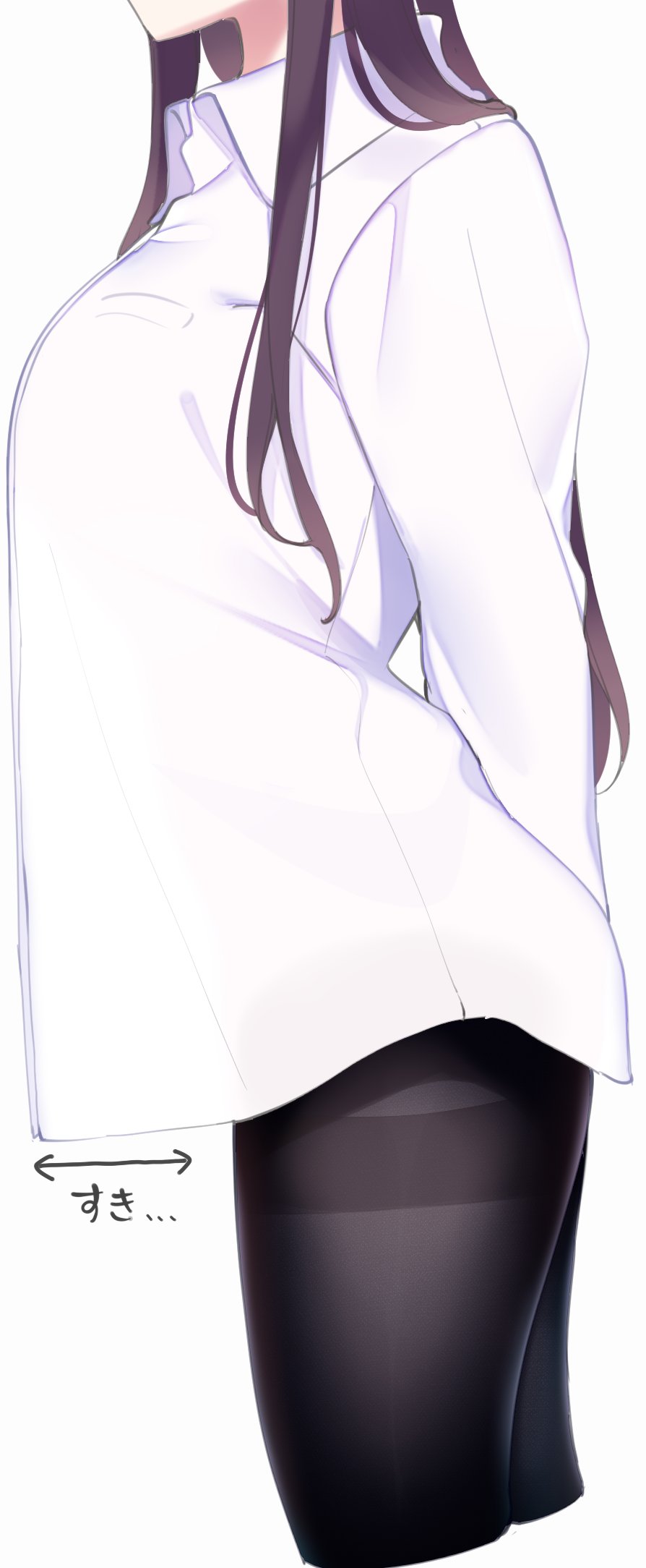 1girl black_legwear brown_hair chikuwa. collared_shirt commentary_request cropped_legs directional_arrow dress_shirt head_out_of_frame highres long_hair long_sleeves original pantyhose shirt shirt_overhang simple_background solo thighband_pantyhose translation_request white_background white_shirt