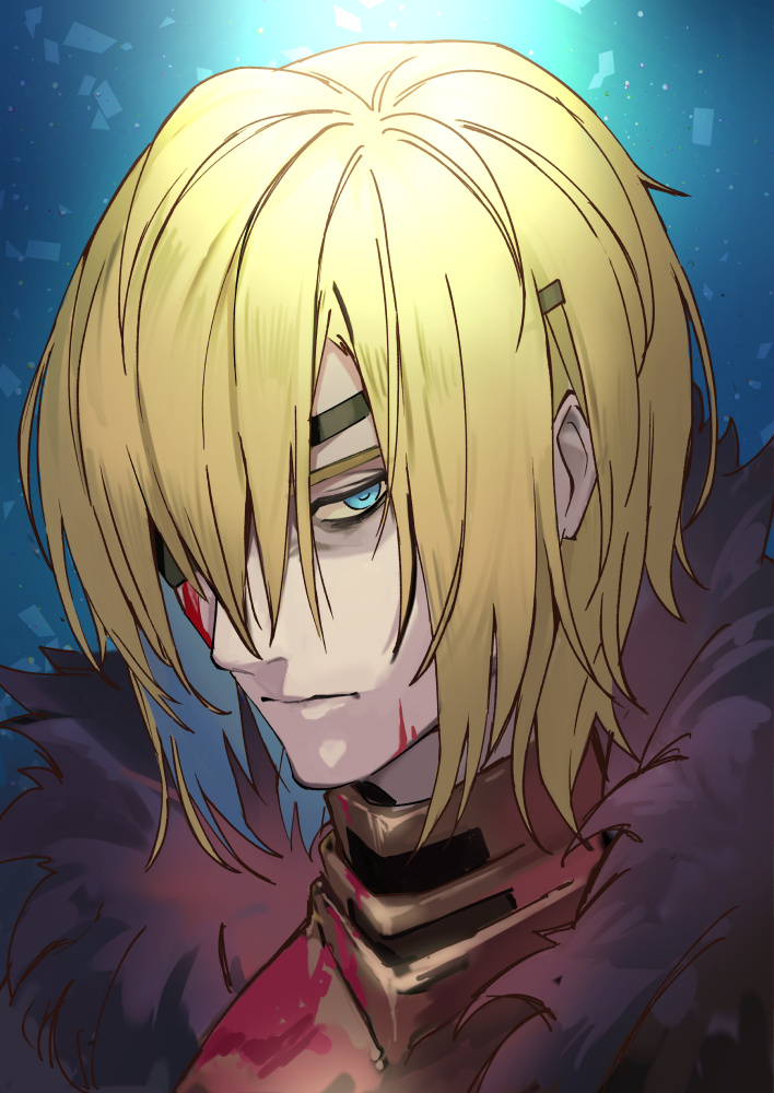+15 1boy backlighting bags_under_eyes black_hair blonde_hair blood blood_on_face bloody_clothes blue_background blue_eyes commentary_request dimitri_alexandre_blaiddyd eyepatch fire_emblem fire_emblem:_three_houses fur_trim male_focus messy_hair one_eye_covered portrait solo