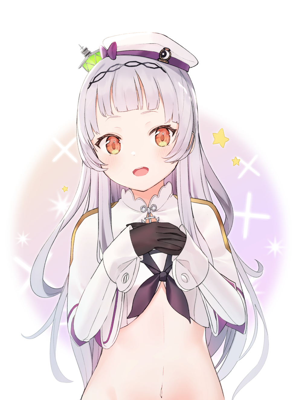 1girl :d azur_lane bangs beret black_gloves blush bow brown_eyes commentary_request crop_top cropped_jacket gloves grey_hair hand_to_own_mouth hands_up hat hat_bow highres hololive idemitsu jacket long_hair long_sleeves looking_at_viewer murasaki_shion navel open_mouth own_hands_together purple_bow shirt sleeves_past_wrists smile solo sparkle_background star tilted_headwear upper_body upper_teeth very_long_hair virtual_youtuber white_headwear white_jacket white_shirt