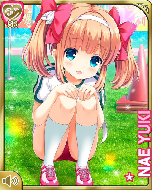 1girl ass blue_eyes bow brown_hair buruma girlfriend_(kari) gym_uniform hair_bow hairband hands_on_own_knees kneehighs long_hair official_art open_mouth outdoors pink_footwear qp:flapper red_buruma ribbon shirt shoes smile sneakers solo squatting twintails white_legwear white_shirt yuuki_nae