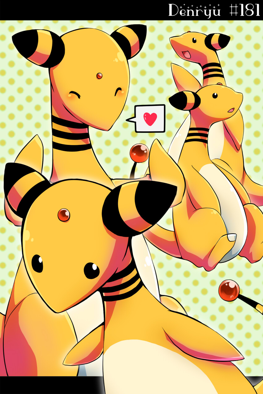 ^_^ ampharos black_eyes blush character_name closed_eyes commentary_request creature gen_2_pokemon heart highres idora_(idola) letterboxed no_humans number pokemon pokemon_(creature) pokemon_number polka_dot polka_dot_background speech_bubble spoken_heart standing too_many yellow_theme