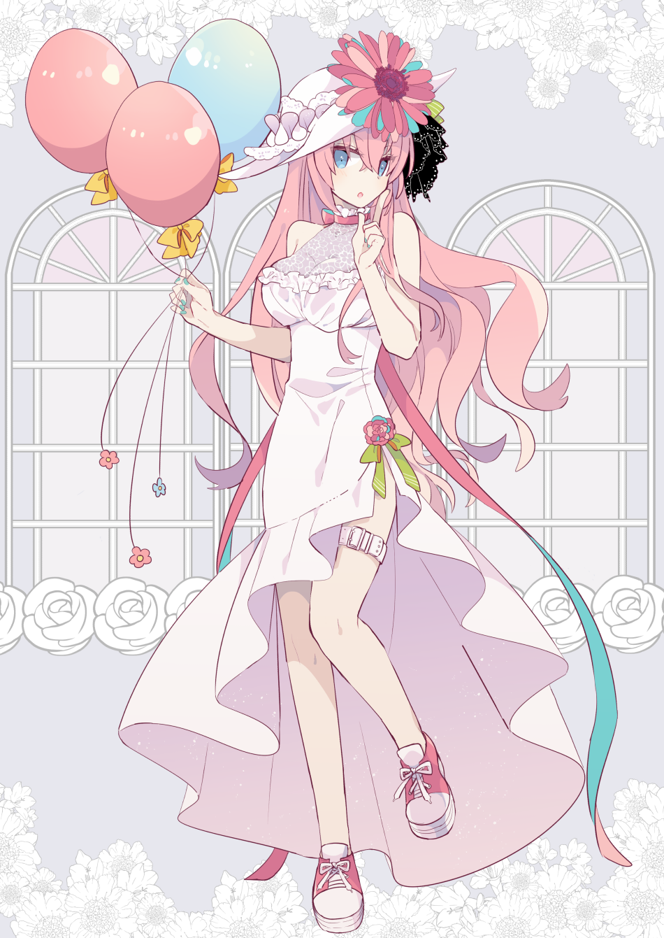 1girl aqua_nails balloon blue_eyes dress finger_to_cheek floral_background floral_print flower frilled_dress frills full_body hat hat_flower head_tilt highres holding_balloon index_finger_raised lace leg_up long_hair looking_at_viewer megurine_luka nail_polish pink_hair rose shoes sleeveless sleeveless_dress sneakers solo sun_hat thigh_strap vocaloid white_background white_dress white_flower white_rose window yoshiki