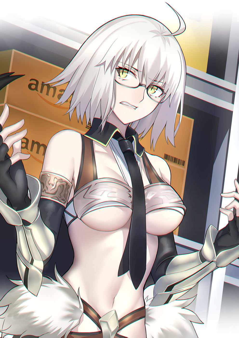 1girl ahoge amazon_(company) arm_guards box breasts cardboard_box cosplay fate/grand_order fate_(series) fingerless_gloves glasses gloves grey_hair highres jeanne_d'arc_(alter)_(fate) jeanne_d'arc_(fate)_(all) navel necktie penthesilea_(fate/grand_order) penthesilea_(fate/grand_order)_(cosplay) shiguru under_boob underboob warehouse yellow_eyes