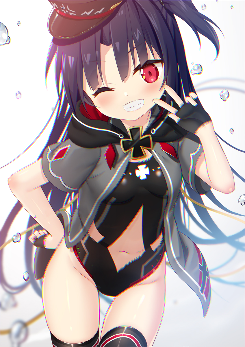 1girl ;d azur_lane black_hair black_legwear center_opening commentary_request fingerless_gloves gloves grin hat highres iron_cross jacket leotard long_hair navel one-piece_swimsuit one_eye_closed open_mouth red_eyes smile solo swimsuit thigh-highs thigh_gap u-73_(azur_lane) very_long_hair yano_mitsuki
