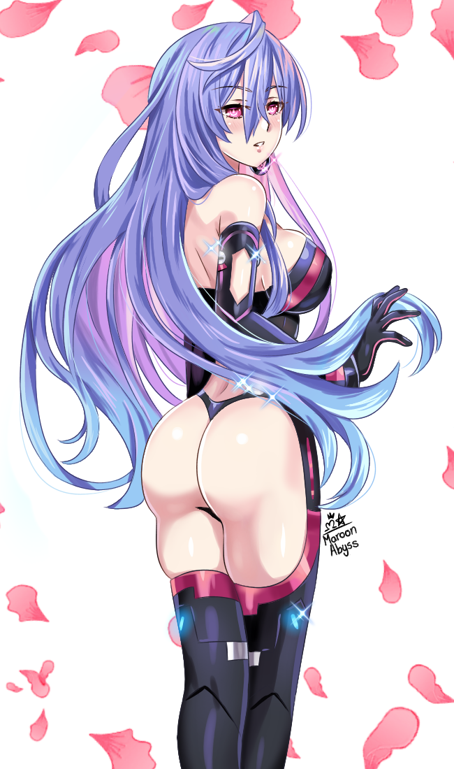 1girl ass bare_shoulders boots breasts elbow_gloves eyebrows_visible_through_hair from_behind gloves hair_between_eyes huge_breasts iris_heart kami_jigen_game_neptune_v leotard long_hair looking_at_viewer looking_back maroonabyss neptune_(series) power_symbol purple_hair red_eyes symbol-shaped_pupils thick_thighs thigh-highs thigh_boots thighs