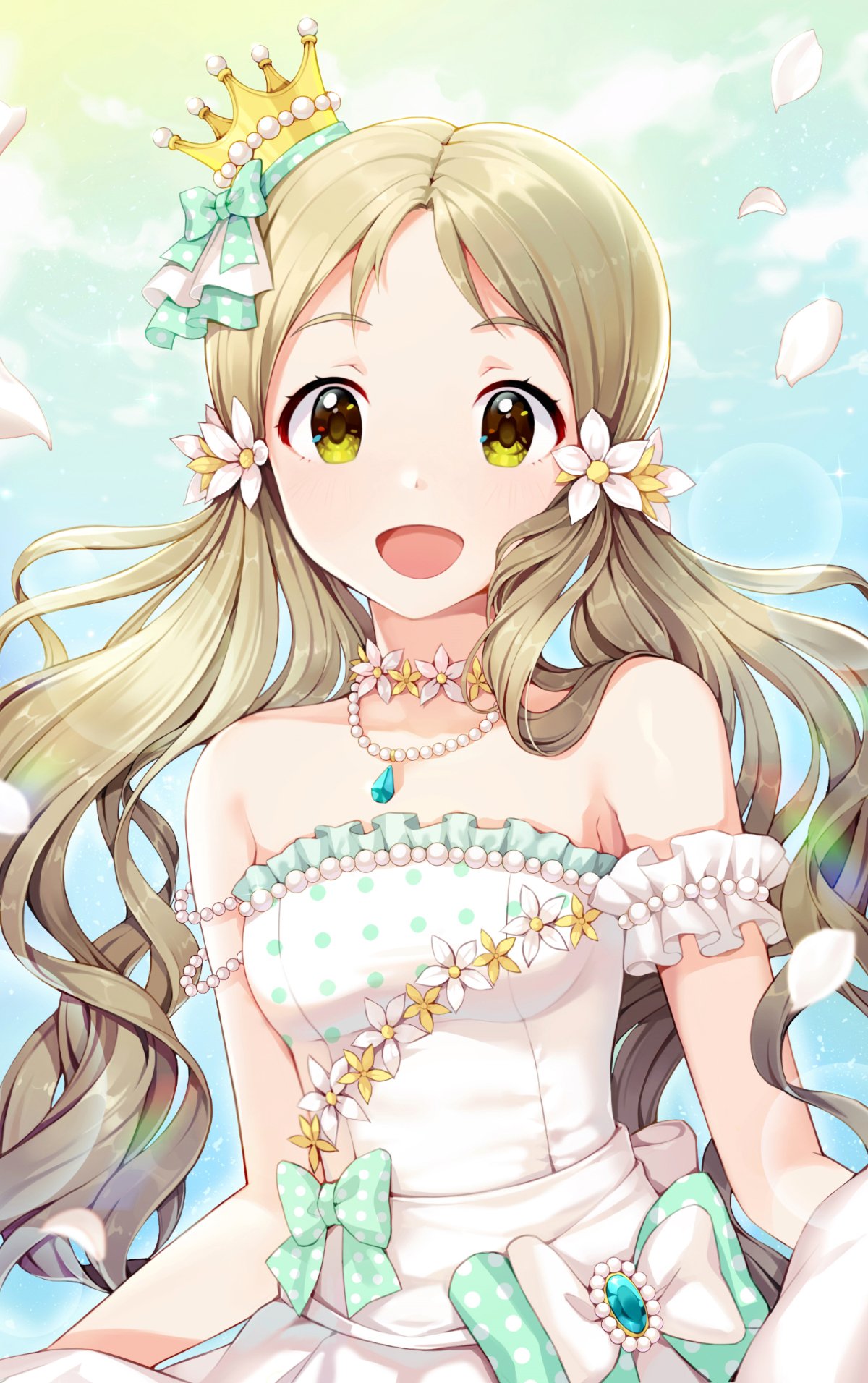 1girl :d arm_garter bangs bare_shoulders blue_sky bow breasts clouds commentary crown dress flower flower_necklace frilled_dress frills gem gradient_sky green_bow green_sky hair_bow hair_flower hair_ornament handa_roko highres idolmaster idolmaster_million_live! idolmaster_million_live!_theater_days jewelry lens_flare light_brown_hair light_particles long_hair looking_at_viewer medium_breasts mini_crown necklace open_mouth outdoors parted_bangs pearl_(gemstone) pearl_necklace pendant petals pinkiepies2 polka_dot polka_dot_bow polka_dot_dress shiny shiny_hair sky smile solo sparkle strapless strapless_dress symbol_commentary tilted_headwear turquoise_(gemstone) twintails upper_body very_long_hair white_bow white_dress white_flower yellow_eyes yellow_flower
