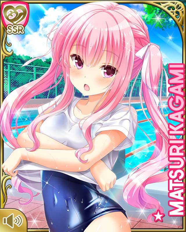1girl blush character_name clouds covered_navel girlfriend_(kari) kagami_matsuri lifted_by_self long_hair no_pants official_art open_mouth outdoors pink_eyes pink_hair pool qp:flapper ribbon school_swimsuit shirt shirt_lift sky solo swimsuit swimsuit_under_clothes twintails undressing wet wet_clothes wet_shirt wet_swimsuit wet_t-shirt white_shirt