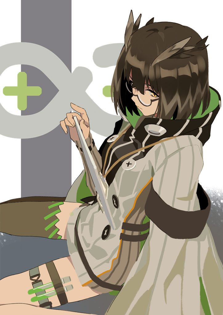 arknights armband bangs bob_cut brown_hair cloak feathers glasses high_collar lanyard looking_at_viewer miniskirt ningen_(ningen96) rhine_lab_logo semi-rimless_eyewear silence_(arknights) single_thighhigh sitting skirt spread_legs tablet_pc thigh-highs thighs yellow_eyes