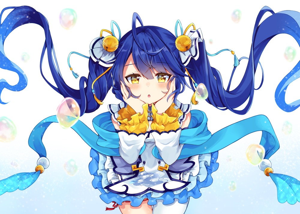 1girl ahoge amamiya_kokoro bangs bell blue_background blue_hair blue_ribbon blush chestnut_mouth commentary_request dress eyebrows_visible_through_hair floating_hair gradient gradient_background hair_bell hair_between_eyes hair_ornament hair_ribbon hands_on_own_face hands_up jingle_bell long_hair long_sleeves looking_at_viewer maki_soutoki nijisanji ribbon shawl sleeves_past_wrists solo twintails very_long_hair virtual_youtuber white_background white_dress white_ribbon yellow_eyes yellow_ribbon