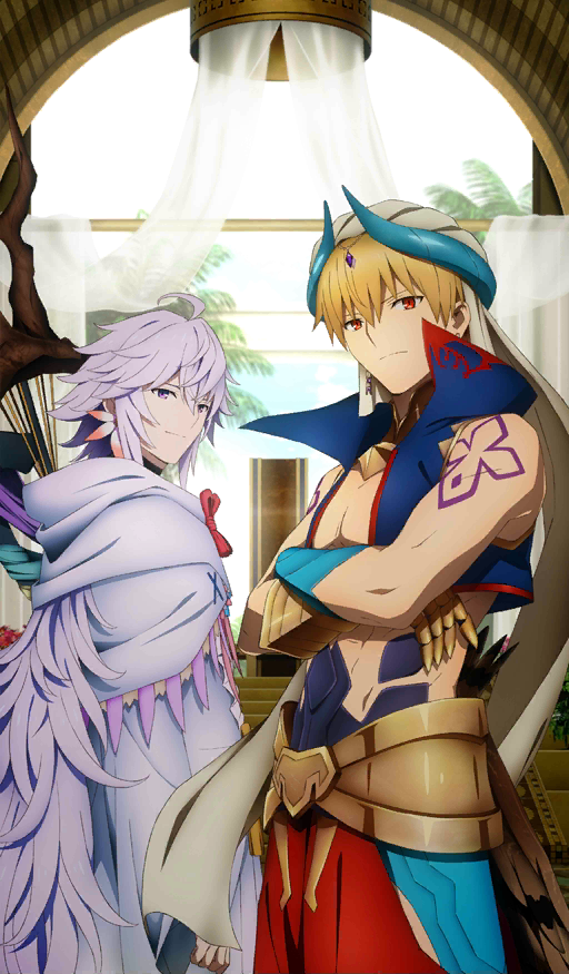 2boys arch blonde_hair cloak commentary craft_essence crossed_arms doorway fate/grand_order fate_(series) gauntlets gilgamesh gilgamesh_(caster)_(fate) hamatomo_rie lavender_hair looking_at_viewer looking_back merlin_(fate) multiple_boys official_art red_eyes shoulder_tattoo staff tattoo ufotable violet_eyes
