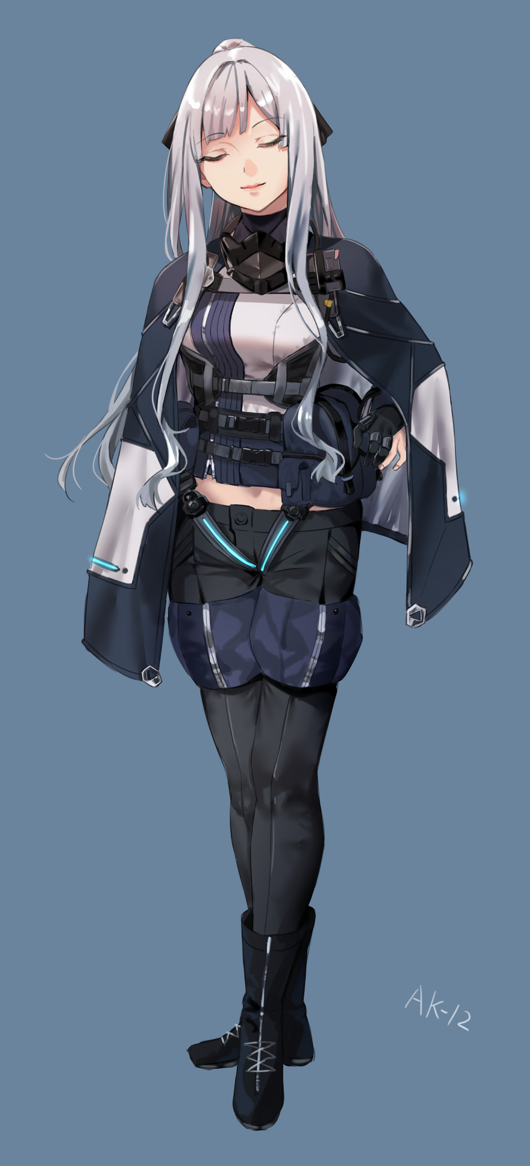 028ilc 1girl ak-12 ak-12_(girls_frontline) ankle_boots bangs belt black_gloves black_jacket boots breasts closed_eyes closed_mouth collar full_body girls_frontline gloves highres jacket long_hair open_clothes open_jacket pants partly_fingerless_gloves silver_hair solo tactical_clothes weapon