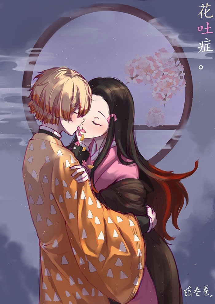 1boy 1girl agatsuma_zenitsu black_hair blonde_hair brown_hair closed_eyes couple duxiaoyao floating_hair from_side hair_ribbon haori imminent_kiss japanese_clothes kamado_nezuko kimetsu_no_yaiba kimono long_hair multicolored_hair pink_kimono pink_ribbon redhead ribbon tongue tongue_out two-tone_hair very_long_hair