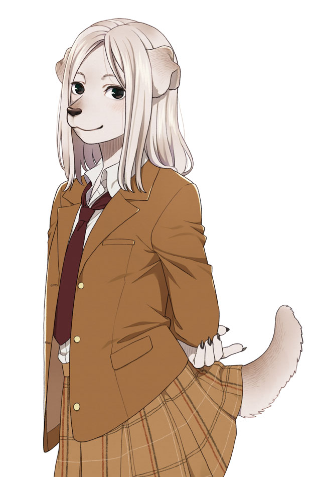 1girl animal_ears black_eyes dog_ears dog_girl dog_tail flat_chest furry looking_at_viewer mattaku_mousuke medium_hair necktie original school_uniform smile solo tail white_hair