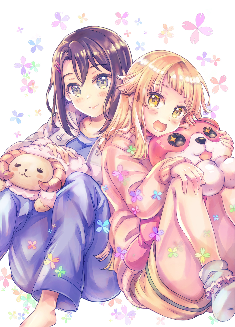 2girls :d bang_dream! bangs black_hair blonde_hair blue_eyes blue_legwear blue_pants blush character_doll commentary_request drawstring floral_background frilled_legwear grey_jacket hair_ornament hairclip hand_on_own_knee highres holding holding_stuffed_animal hood hood_down hooded_jacket jacket knees_up long_hair long_sleeves looking_at_viewer medium_hair michelle_(bang_dream!) multiple_girls okusawa_misaki open_mouth pajamas pants pink_sweater shorts sitting smile socks stuffed_animal stuffed_sheep stuffed_toy sweater takitarou tsurumaki_kokoro yellow_eyes yellow_shorts