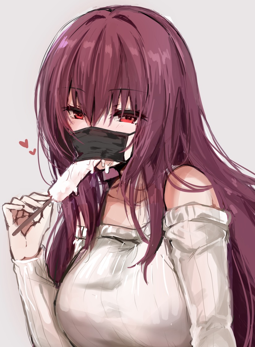 1girl blush breasts commentary_request eyes_visible_through_hair face_mask fate/grand_order fate_(series) food grey_background hair_intakes heart large_breasts long_hair looking_at_viewer mafuyu mask off-shoulder_sweater off_shoulder popsicle purple_hair red_eyes scathach_(fate)_(all) scathach_(fate/grand_order) sexually_suggestive simple_background solo sweater