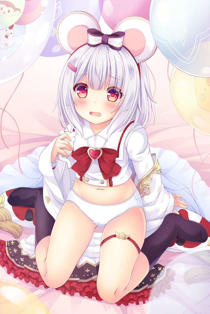 1girl animal animal_ears balloon bangs black_legwear blush bow commentary_request eyebrows_visible_through_hair full_body granblue_fantasy hair_bow hair_ornament hairclip heart highres holding holding_animal long_sleeves looking_at_viewer mouse mouse_ears no_shoes open_mouth panties pleated_skirt red_bow red_eyes sakuraba_hikaru_(loveindog) shirt silver_hair sitting skirt skirt_removed sleeves_past_wrists socks solo striped striped_bow underwear vikala_(granblue_fantasy) wariza white_panties white_shirt white_skirt wide_sleeves