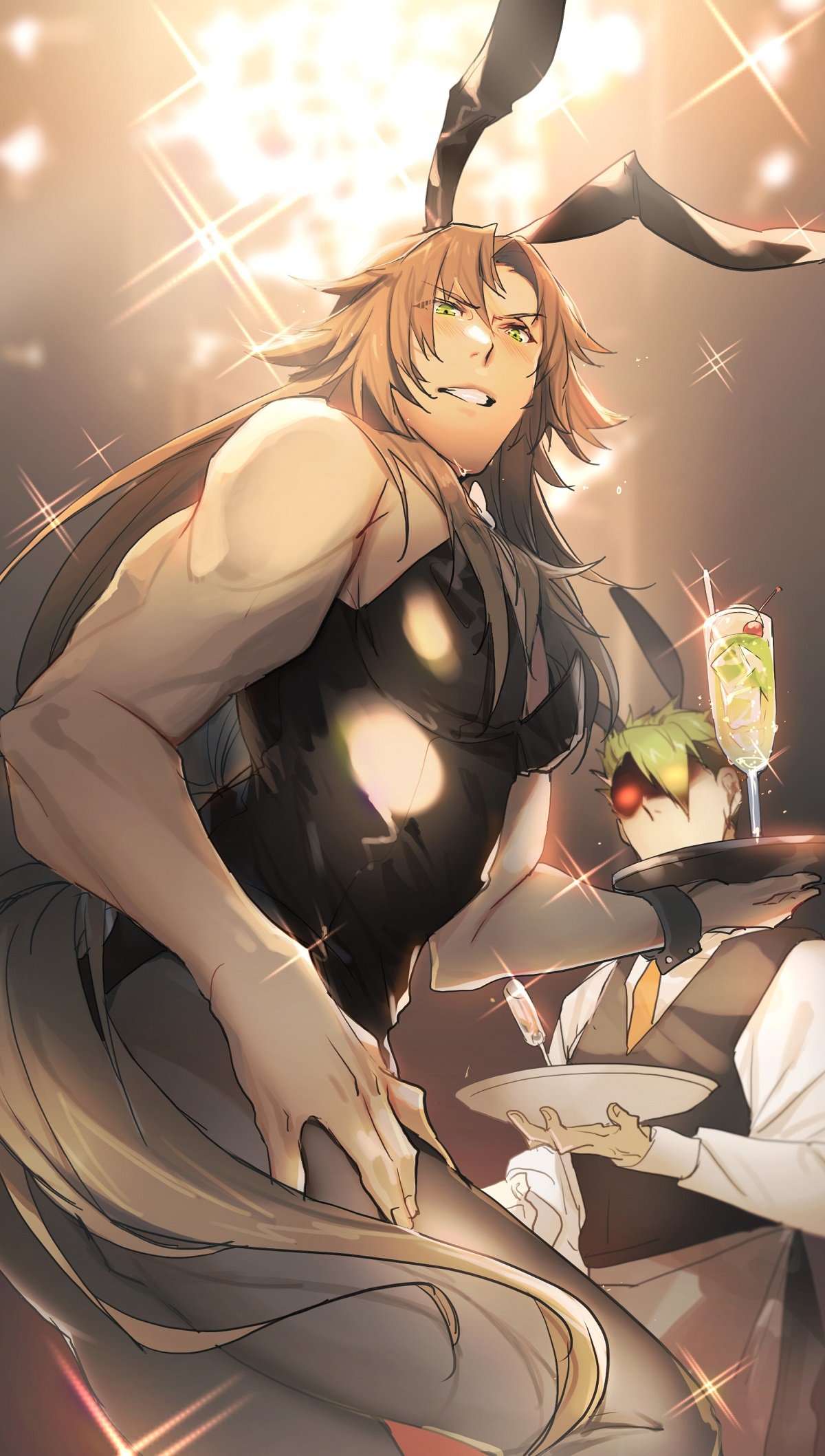 2boys achilles_(fate) animal_ears annoyed blush brown_hair bunnysuit chiron_(fate) detached_collar drinking_straw fate/apocrypha fate_(series) glowing glowing_eye green_eyes green_hair highres leotard long_hair male_focus multiple_boys no-kan pantyhose pectorals rabbit_ears red_eyes shaded_face waiter wrist_cuffs