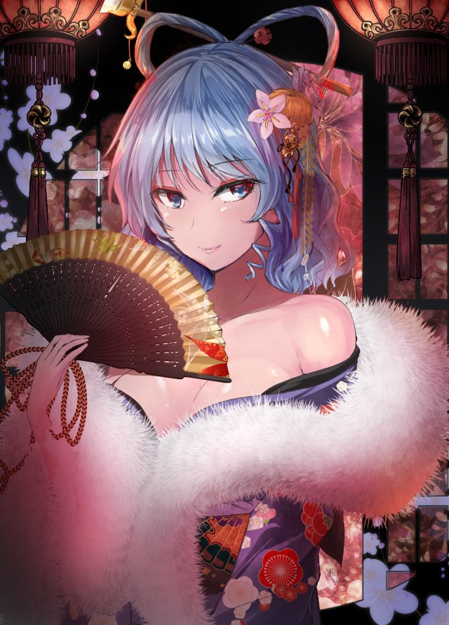 1girl alternate_costume bangs bare_shoulders blue_eyes blue_hair commentary_request drill_hair drill_locks eyebrows_visible_through_hair fan feather_boa floral_print folding_fan hair_ornament hair_rings hair_stick hand_up holding holding_fan kaku_seiga looking_at_viewer off_shoulder short_hair smile solo touhou upper_body y2