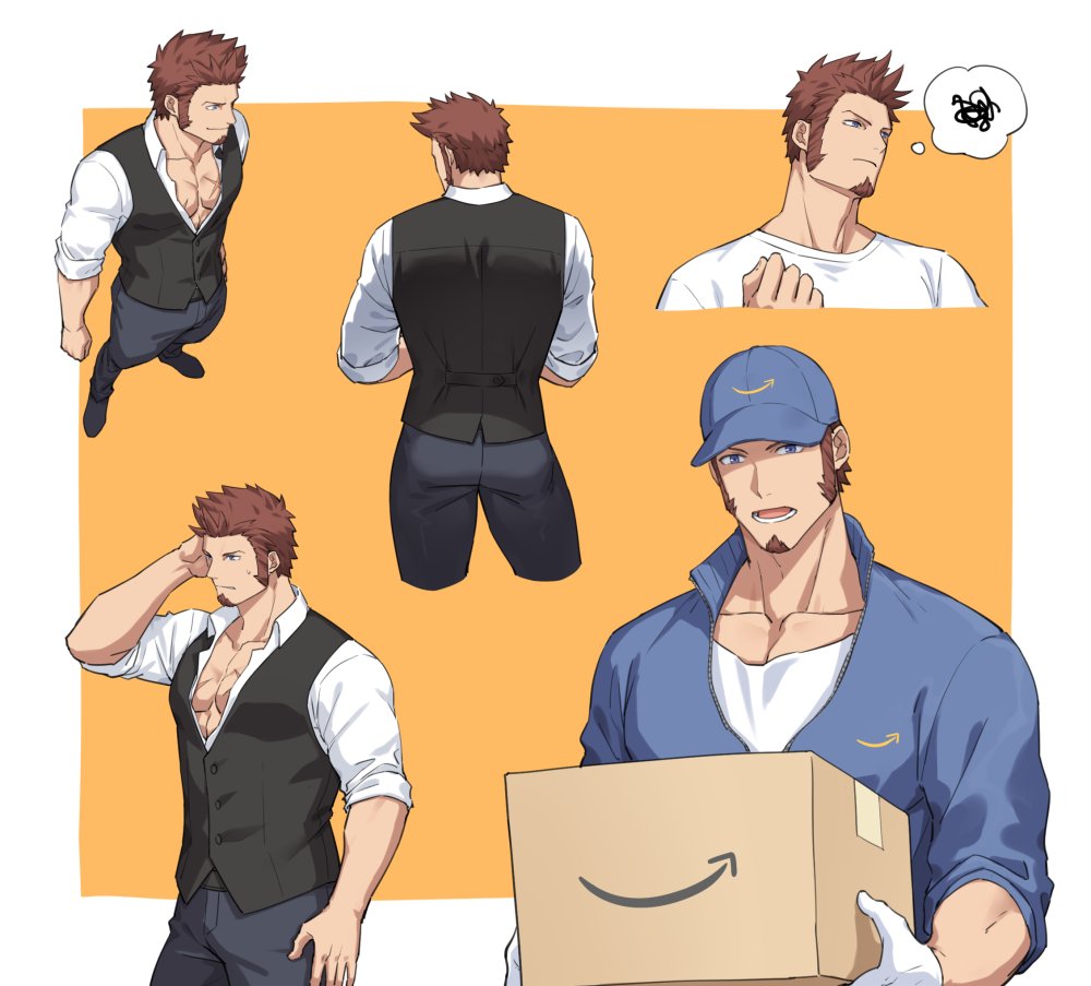 1boy 47_(479992103) alternate_costume amazon_(company) ass beard blue_eyes brown_hair chest collage delivery facial_hair fate/grand_order fate_(series) gloves hand_in_hair hat long_sleeves looking_at_viewer male_focus muscle napoleon_bonaparte_(fate/grand_order) open_clothes open_mouth pants pectorals scar shirt sideburns simple_background sleeves_rolled_up smile solo thighs white_shirt