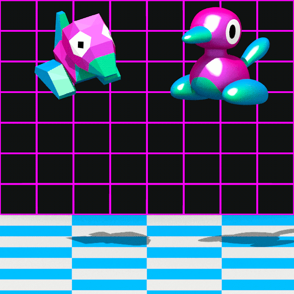 3d animated animated_gif bird bird_focus black_background black_eyes checkered checkered_floor commentary cortoony creature english_commentary falling gen_1_pokemon gen_2_pokemon looking_at_viewer physics pokemon pokemon_(creature) porygon porygon2 shadow standing