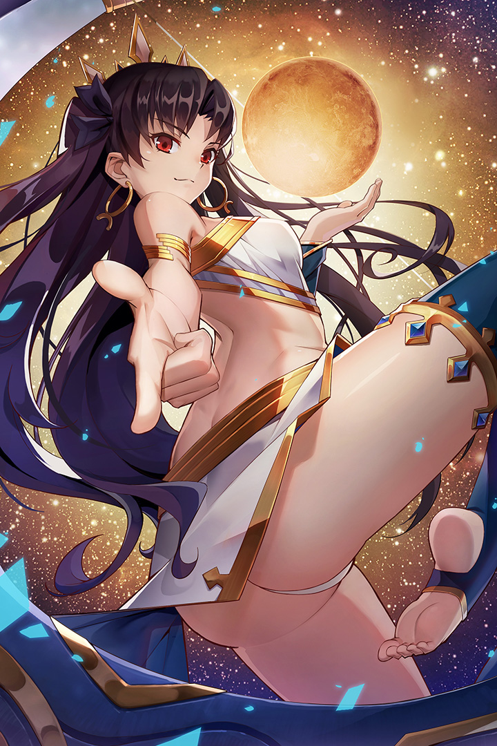 1girl armlet ass asymmetrical_legwear asymmetrical_sleeves back bangs bare_shoulders black_bow black_hair bow breasts closed_mouth detached_collar earrings fate/grand_order fate_(series) hair_bow heavenly_boat_maanna hoop_earrings ishtar_(fate)_(all) ishtar_(fate/grand_order) jewelry long_hair looking_at_viewer medium_breasts neck_ring parted_bangs pelvic_curtain planet pointing pointing_at_viewer red_eyes single_sleeve single_thighhigh smile solo soranoslayers star_(sky) thigh-highs thighlet thighs tiara toeless_legwear two_side_up venus_(planet) weapon