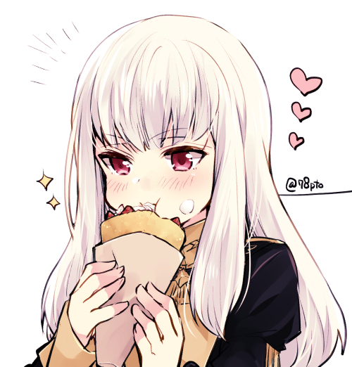 1girl blush closed_mouth crepe cute eating eyebrows_visible_through_hair fire_emblem fire_emblem:_three_houses fire_emblem:_three_houses fire_emblem_16 food food_on_face food_request heart holding holding_food intelligent_systems loli lysithea_von_ordelia naho_(pi988y) nintendo pastry pink_eyes simple_background solo sparkle twitter_username upper_body watermark white_hair