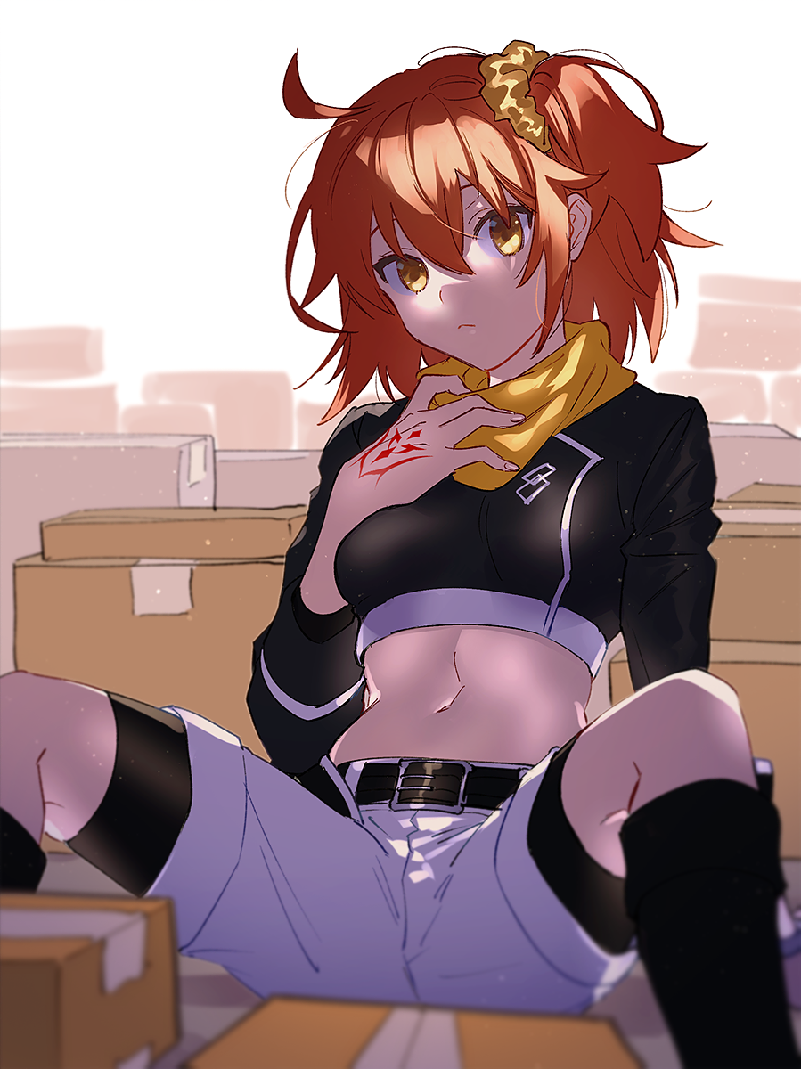1girl ahoge arm_support bangs bike_shorts black_footwear black_shorts blurry blurry_background boots closed_mouth crop_top dust_particles fate/grand_order fate_(series) fujimaru_ritsuka_(female) hair_between_eyes hair_ornament hair_scrunchie highres knee_boots leaning_back long_sleeves midriff navel one_side_up orange_hair scrunchie short_hair short_shorts shorts shorts_under_shorts sitting solo stomach uni_(nico02) white_background white_shorts yellow_eyes yellow_scrunchie