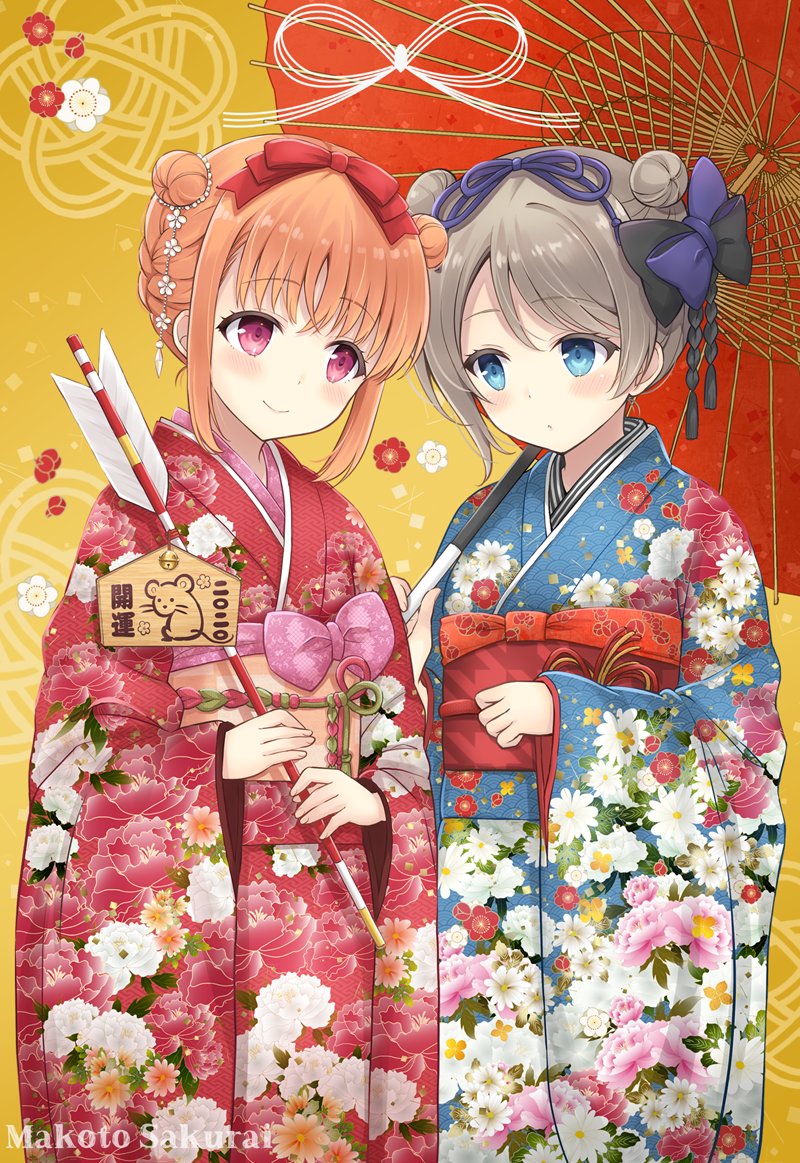 2girls alternate_hairstyle arrow artist_name bangs bell black_bow blue_bow blue_eyes blue_kimono blue_ribbon blush bow chinese_zodiac clenched_hand commentary_request double_bun ema floral_print grey_hair hair_bow hair_ribbon hamaya holding holding_arrow holding_umbrella japanese_clothes jingle_bell kimono long_sleeves love_live! love_live!_sunshine!! multiple_girls nengajou new_year obi orange_hair oriental_umbrella pink_bow red_eyes red_kimono red_ribbon ribbon sakurai_makoto_(custom_size) sash sidelocks smile takami_chika tassel umbrella watanabe_you wide_sleeves year_of_the_rat yellow_background