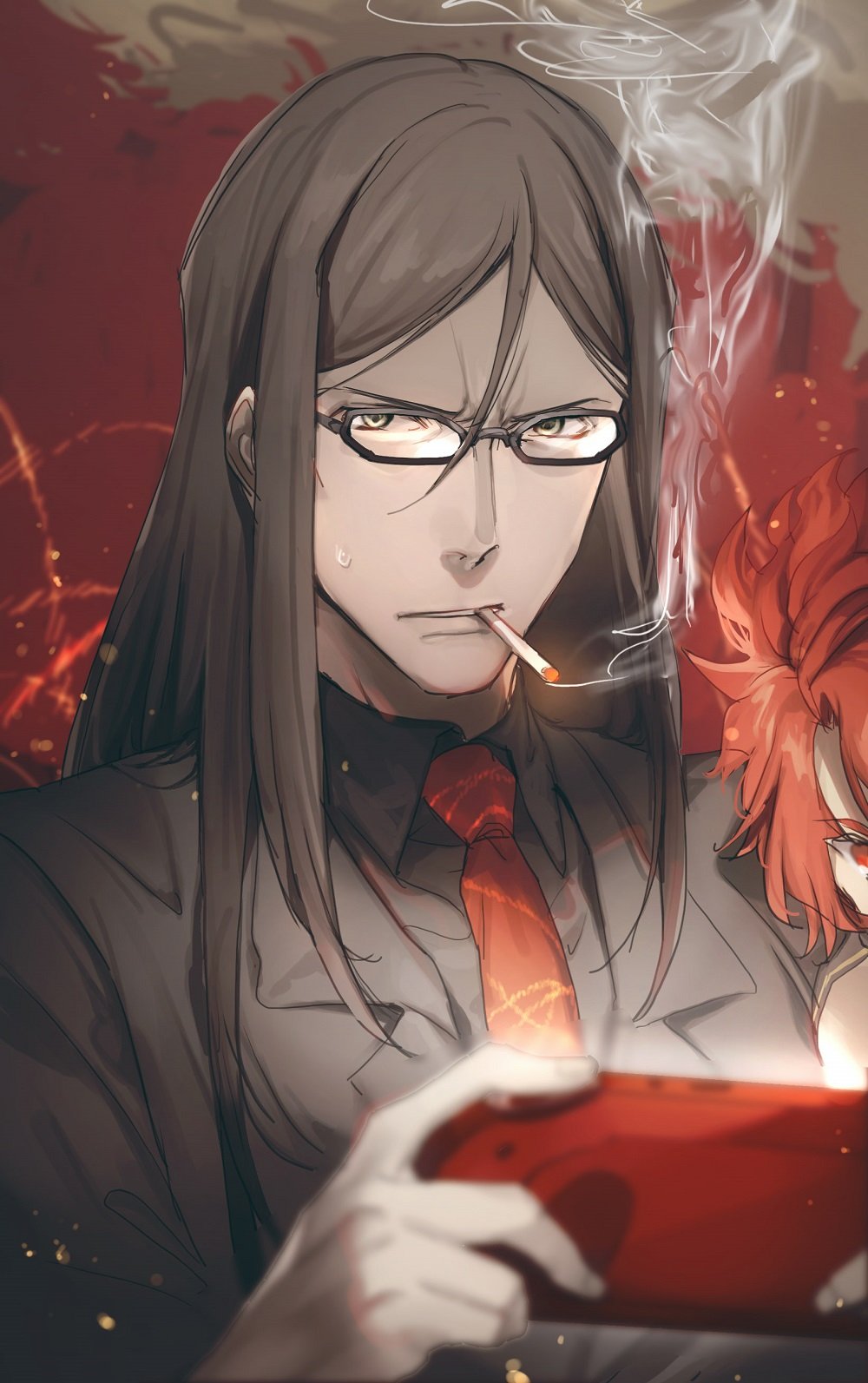 2boys alexander_(fate/grand_order) black_eyes black_hair cigarette close-up fate/grand_order fate_(series) formal handheld_game_console head_out_of_frame highres long_hair looking_at_viewer lord_el-melloi_ii male_focus multiple_boys necktie no-kan playing_games redhead smoking solo_focus suit waver_velvet