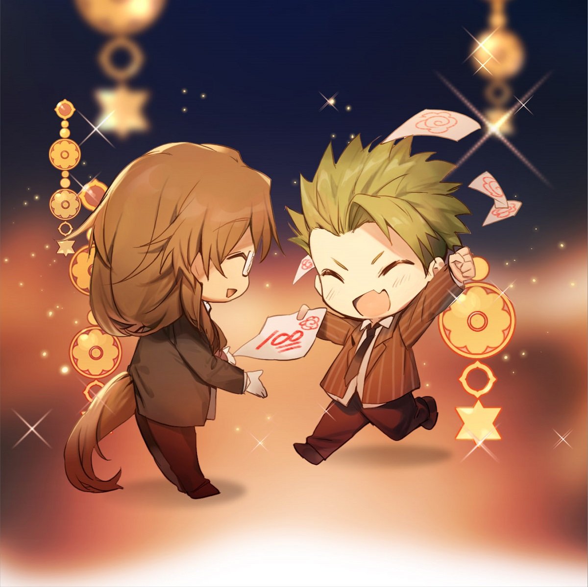2boys achilles_(fate) bespectacled brown_hair chibi chiron_(fate) fang fate/apocrypha fate_(series) formal glasses gloves green_hair hair_up long_hair low-tied_long_hair male_focus multiple_boys necktie no-kan suit test very_long_hair white_gloves